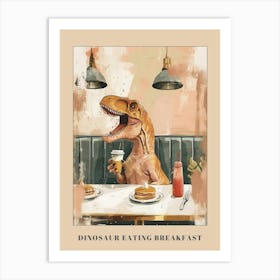 Muted Mustard Dinosaur Eating Breakfast At A Diner Poster Art Print