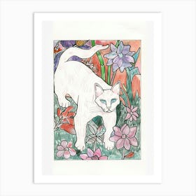 Cute White Cat With Flowers Illustration 1 Art Print