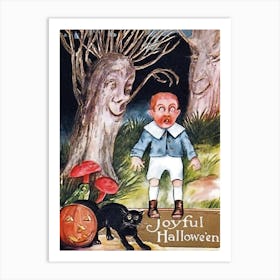 Funny Scared Boy In Magic Forest, At A Halloween Night Art Print