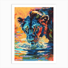 Black Lion Drinking From A Watering Hole Fauvist Painting 2 Art Print