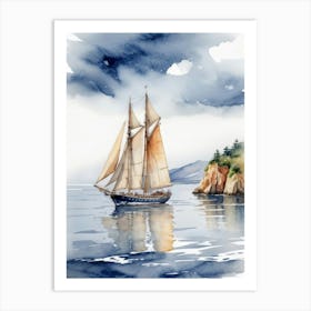 Sailing ship on the sea, watercolor painting 7 Art Print