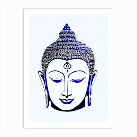 Buddha Symbol Blue And White Line Drawing Art Print