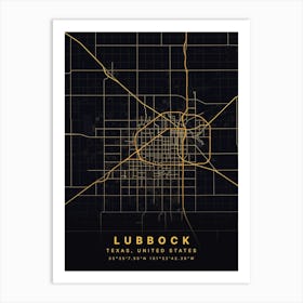 Lubbock Texas USA Black And Gold Map Art Print