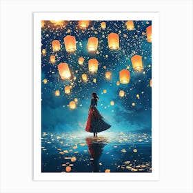 Woman In Dress Standing On Water Against Lanterns Floating In A Night Sky Art Print