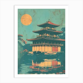 Japanese Castle & Moon Mid Century Modern Inspired Art Print