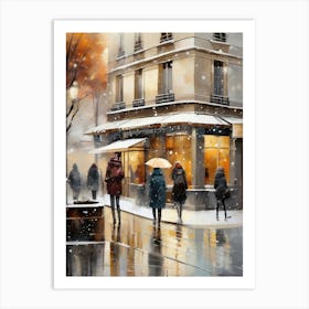 Paris cafes, winter season, Christmas, autumn oil colors, pale colors, pedestrians in the street, winter clothes, falling snow.Christmas decorations.20 Art Print