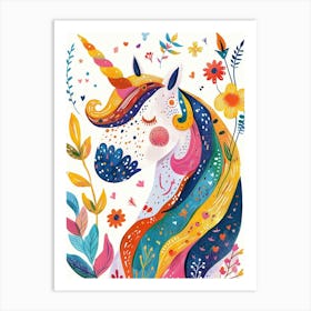 Colourful Unicorn Folky Floral Fauvism Inspired 2 Art Print