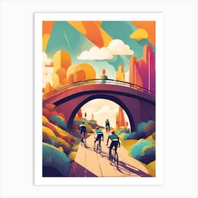 Illustration Of Cyclists Crossing A Bridge Art Print