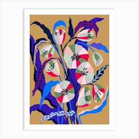 Still Life Ocher And Blue Autumn Flowers Art Print