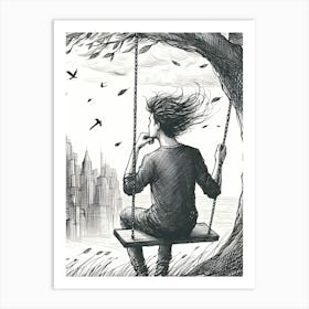 Moody Man on Swing Sketch 7 Art Print