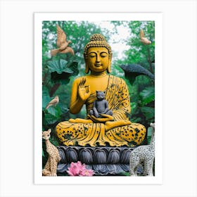 Buddha Sculpture With Animals And Jungle Art Print