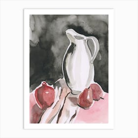 Jug And Pears Watercolor Painting hand painted vertical ink black red kitchen art artwork  Art Print