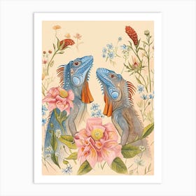 Folksy Floral Animal Drawing Iguana Art Print