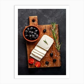 Olives and feta cheese — Food kitchen poster/blackboard, photo art Art Print