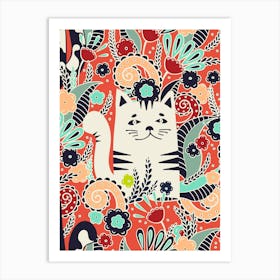 Kitten In The Spring Garden, Red background Art Print