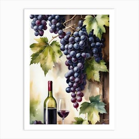 Vines,Black Grapes And Wine Bottles Painting (6) Art Print