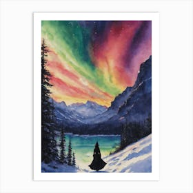 Down by the Lake - Under a Rainbow Sky, A Witch Watches the Light Dance of Aurora Borealis, The Northern Lights in Lapland, Snowing Winter Yule Scene - Pagan Wiccan Wheel of the Year by Lyra the Lavender Witch Art Print