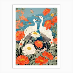 Cranes In Daisies Vintage Japanese Botanical Art Print