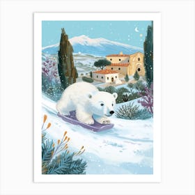 Polar Bear Cub Sledding Down A Snowy Hill Storybook Illustration 4 Art Print