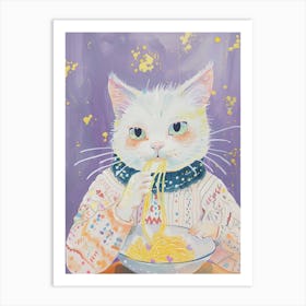 White Cat Pasta Lover Folk Illustration 4 Art Print