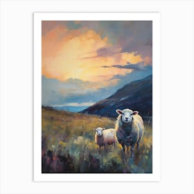 Sheep & Lamb At Sunset Impressionism Painting Style 2 Art Print
