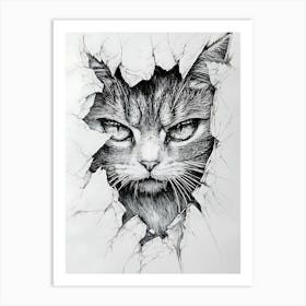 Angry Cat Watching from Wall Hole 17 Art Print