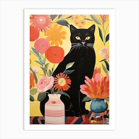 Camellia Flower Vase And A Cat, A Painting In The Style Of Matisse 1 Art Print