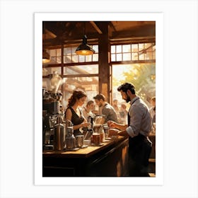 A Busy Cafe Scene Captured In Impressionist Style Barista Bustling Amidst The Morning Rush Meticul (6) Art Print