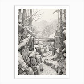 Jigokudani Monkey Park In Nagano, Ukiyo E Black And White Line Art Drawing 4 Art Print