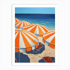 Striped Orange And White Beach Umbrellas In Italy Art Print