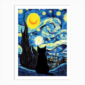 Van Gogh Starry Night Cat Looking Sky Painting Art Print