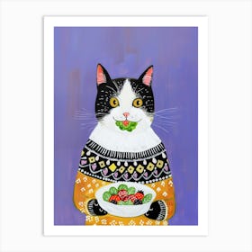 Black And White Cat Eating Salad Folk Illustration 3 Art Print