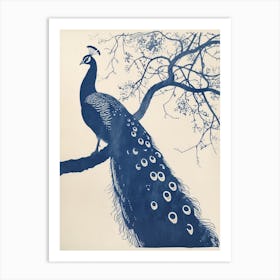 Navy & Cream Peacock On A Tree 2 Art Print