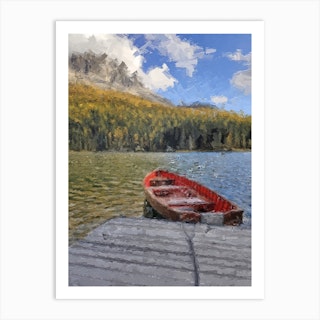 Boat At The Pier Near The Mountains Oil Painting Landscape Art Print