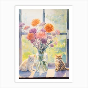 Cat With Queen Annes Flowers Watercolor Mothers Day Valentines 3 Art Print