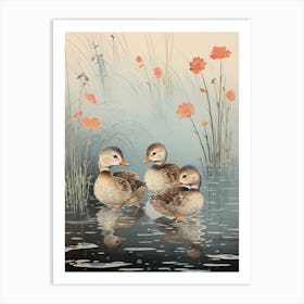 Ducklings In The Water Japanese Woodblock Style 7 Art Print