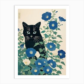 Cat In Blue Flowers 1 Art Print