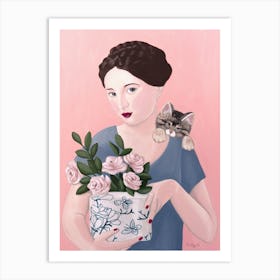 Woman With Cat And Roses Art Print