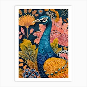 Folky Floral Peacock Portrait 4 Art Print