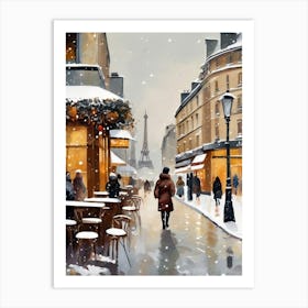 Paris cafes, winter season, Christmas, autumn oil colors, pale colors, pedestrians in the street, winter clothes, falling snow.Christmas decorations.14 Art Print