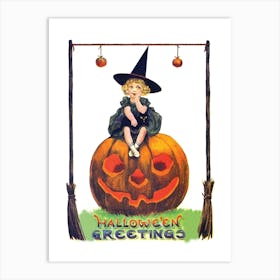 Little Witch Girl On A Big Pumpkin Looking At Apples Hunging In Fornt Of Her Art Print