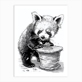 Red Panda Cub Playing With A Beehive Ink Illustration 4 Art Print