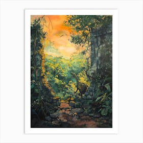 Dinosaur By An Abandoned Wall Covered In Vines Painting Art Print