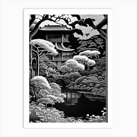 Rikugien Gardens, 1, Japan Linocut Black And White Vintage Art Print