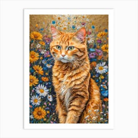 Klimt Style Ginger Orange Tabby Cat in Colorful Garden Flowers Meadow Gold Leaf Painting - Gustav Klimt and Monet Inspired Textured Acrylic Palette Knife Art Daisies Poppies Amongst Wildflowers Beautiful HD High Resolution Art Print