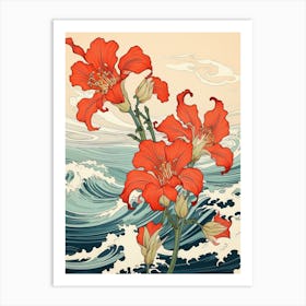 Great Wave With Amaryllis Flower Drawing In The Style Of Ukiyo E 2 Art Print