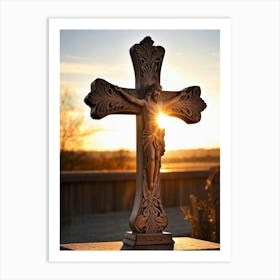 An Intricately Carved Wooden Cross Representing Faith Its Silhouette Beautifully Etched Against Thi (3) Art Print