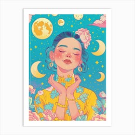 Girl With Flowers And Moon 1 Art Print