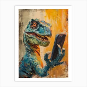 Dinosaur Taking A Selfie Orange Brushstrokes Art Print