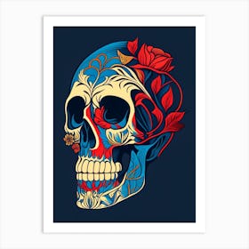 Skull With Tattoo Style Artwork Primary Colours Line Drawing Art Print